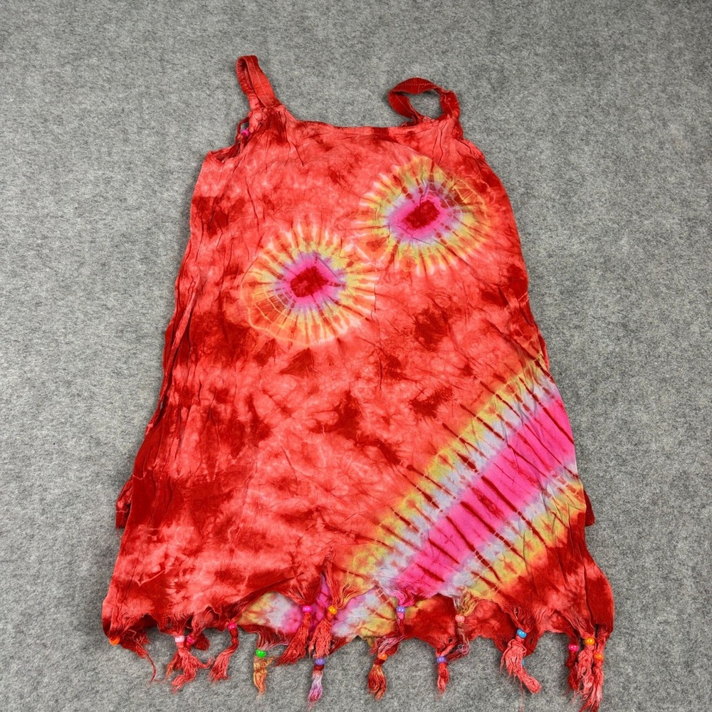 Unbranded Tie Dye Tassel Beaded Dress Womens Size 3 Red Boho Hippie Summer - Picture 12 of 12